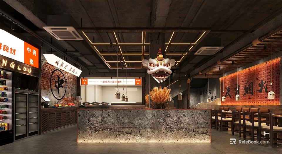 Chinese Style Restaurant Interior With Dragon Chandelier Stone Counter Metal Ceiling Frames And Brick Walls 3d model 