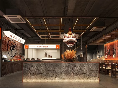 Chinese Style Restaurant Interior With Dragon Chandelier Stone Counter Metal Ceiling Frames And Brick Walls 3d model