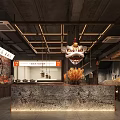 Chinese Style Restaurant Interior With Dragon Chandelier Stone Counter Metal Ceiling Frames And Brick Walls