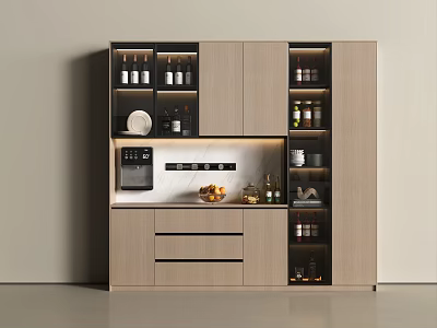 Modern Wood Grain Multifunctional Sideboard Cabinet With Wine Storage And Built In Smart Water Dispenser 3d model