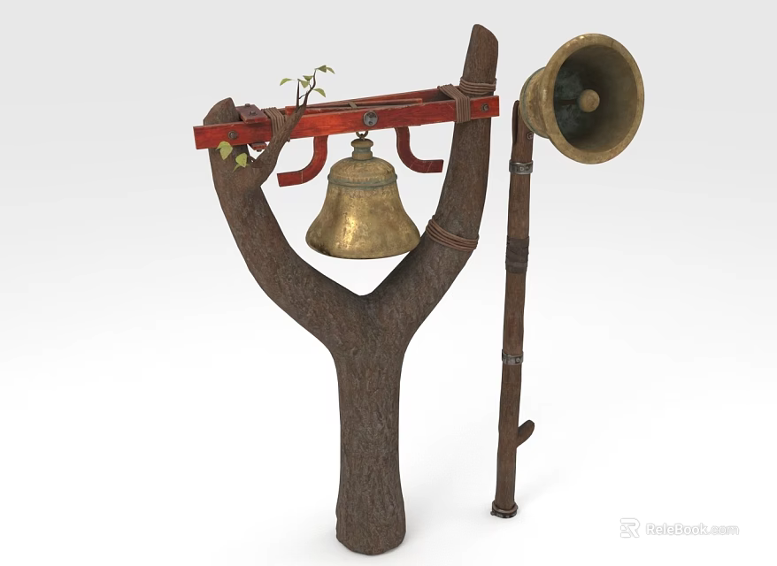 Traditional Agricultural Equipment With Wooden Y Shaped Stand Red Crossbeam Brass Bell And Metal Horn 3d model 