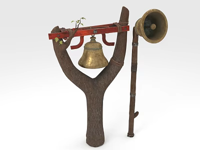 Traditional Agricultural Equipment With Wooden Y Shaped Stand Red Crossbeam Brass Bell And Metal Horn 3d model