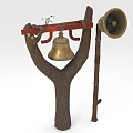 Traditional Agricultural Equipment With Wooden Y Shaped Stand Red Crossbeam Brass Bell And Metal Horn
