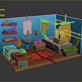 3D Cartoon Bathroom Scene With Colorful Shelves Sink Towels Bathtub Rug And Wooden Floor