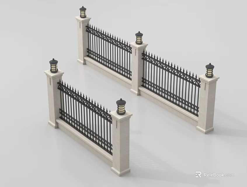 Iron Railing Structure With Stone Pillars And Decorative Lamps On Top 3d model