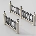 Iron Railing Structure With Stone Pillars And Decorative Lamps On Top 3d model