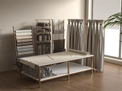Modern Curtains and Window Blind Display with Fabric Racks on Wooden Floor and Plant 3d model