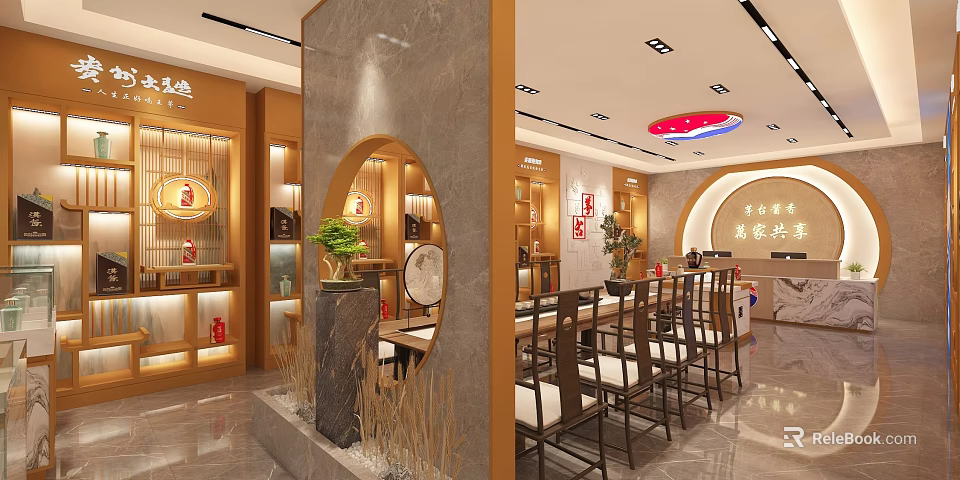 Traditional Chinese Tobacco And Alcohol Store Interior With Wooden Display Shelves Tables And Chairs 3d model 