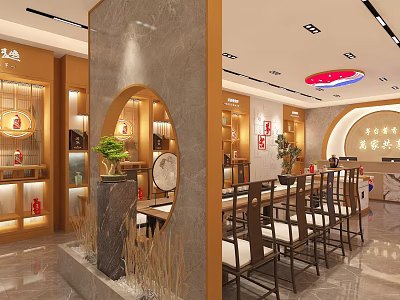 Traditional Chinese Tobacco And Alcohol Store Interior With Wooden Display Shelves Tables And Chairs 3d model