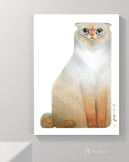 Watercolor Cat Animal Painting With Blue Eyes Light Brown And White Fur Sitting Pose 3d model 