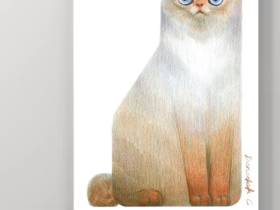 Watercolor Cat Animal Painting With Blue Eyes Light Brown And White Fur Sitting Pose 3d model