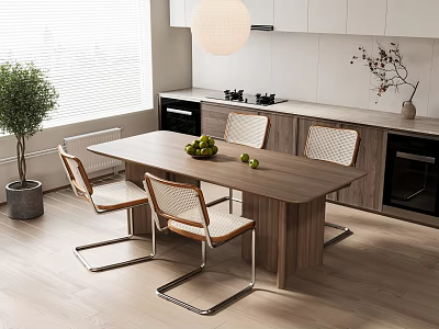 Elegant Wooden Dining Table Set With Upholstered Chairs And Fresh Fruits In Modern Kitchen 3d model