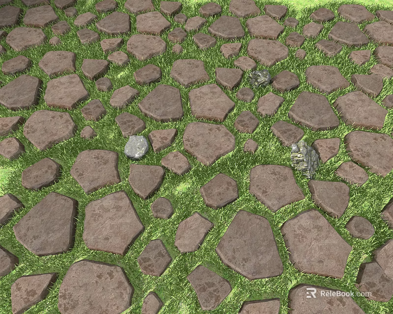 Lush Green Grass Growing Between Natural Stone Path With Small Pebbles 3d model 