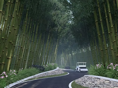 Bamboo Grove with Winding Road White Car and Pink Flowers on Stone Edges 3d model