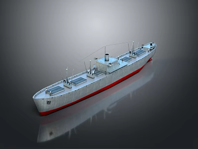 White Ship Model With Red Bottom And Deck Structures On Reflective Surface 3d model
