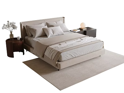 Modern Double Bed Bedroom Interior With Beige Bedspread Pillows Nightstands And Area Rug 3d model
