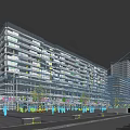 Tall Modern Glass Curtain Wall Office Building With Pedestrian Plaza Trees And Evening Sky