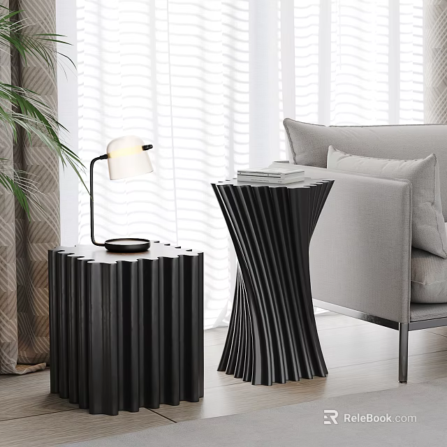 Modern Black Fluted Side Tables With Table Lamp In Bright Living Room 3d model 