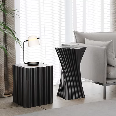 Modern Black Fluted Side Tables With Table Lamp In Bright Living Room 3d model