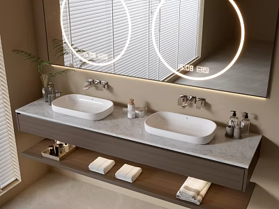 Modern Bathroom Vanity with Double Sinks Marble Countertop Backlit Mirror Open Shelves and Towels 3d model