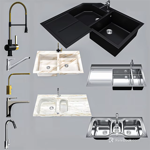 Different Types Of Modern Kitchen Sink With Marble And Stainless Steel Design 3d model 