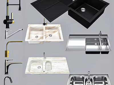 Different Types Of Modern Kitchen Sink With Marble And Stainless Steel Design 3d model