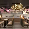 Hotpot Restaurant With Pink Cherry Blossom Decor Hanging Lanterns Display Cabinets And Brick Walls