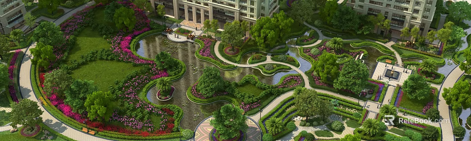 Elegant Residential Garden Landscape With Winding Paths Clear Water Lush Greenery And Vibrant Flower Beds 3d model 