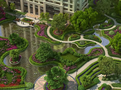 Elegant Residential Garden Landscape With Winding Paths Clear Water Lush Greenery And Vibrant Flower Beds 3d model