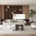 Modern Living Room Interior With Beige Sofa Wooden Bookshelf And Green Plants