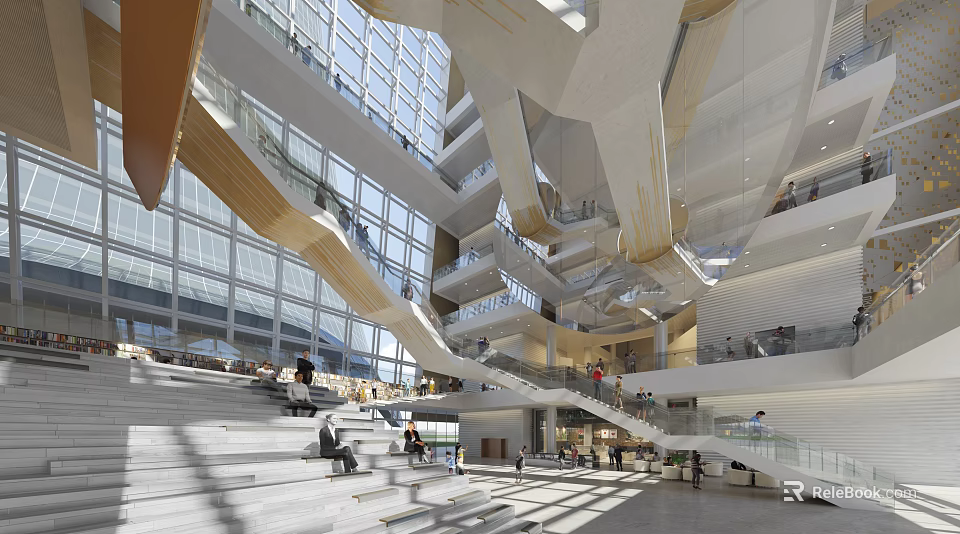 Modern Office Corridor In Multi Level With Glass Walls Staircases Open Space And Natural Light 3d model 