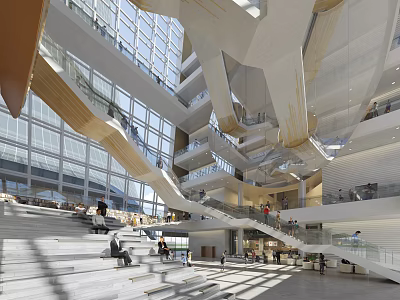Modern Office Corridor In Multi Level With Glass Walls Staircases Open Space And Natural Light 3d model