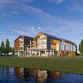 Modern Public Building With White Exterior Wooden Roof Glass Windows Green Lawn And People