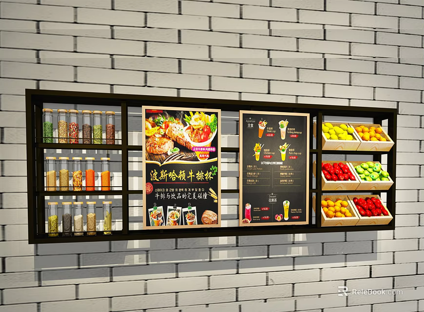 Wall Cabinet on White Brick Wall Featuring Spice Bottles Menu Board and Fruit Vegetable Shelves 3d model 