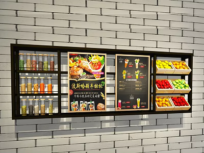 Wall Cabinet on White Brick Wall Featuring Spice Bottles Menu Board and Fruit Vegetable Shelves 3d model