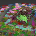 Camouflage And Colorful Graffiti Covered Tank On Grassy Field With Path And Flowers