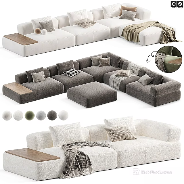 Modern Two-Seater Sofa In Gray White With Pillows Blanket Wooden Details And Color Options 3d model 