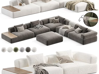 Modern Two-Seater Sofa In Gray White With Pillows Blanket Wooden Details And Color Options 3d model