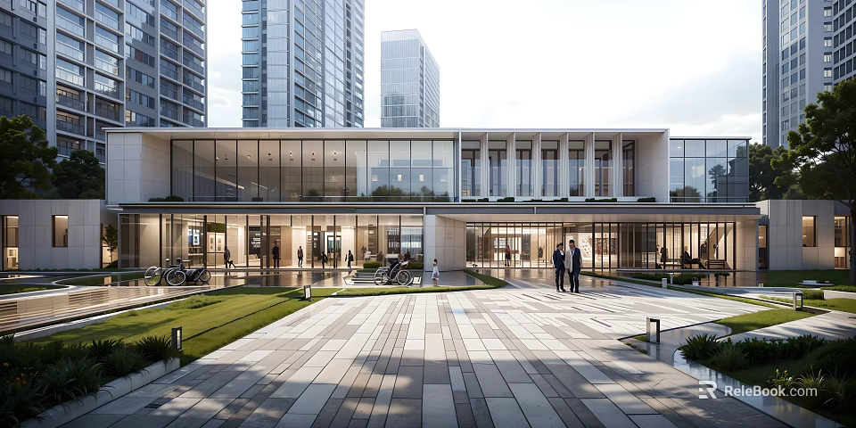 Modern Sales Office Building With Glass Curtain Wall Open Plaza And Green Landscaping 3d model 