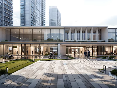 Modern Sales Office Building With Glass Curtain Wall Open Plaza And Green Landscaping 3d model