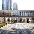 Modern Sales Office Building With Glass Curtain Wall Open Plaza And Green Landscaping