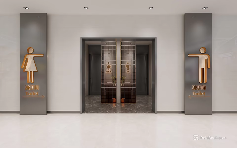 Modern Public Toilet Entrance Design Featuring Male Female Signs Glass Doors And Metal Frames 3d model 