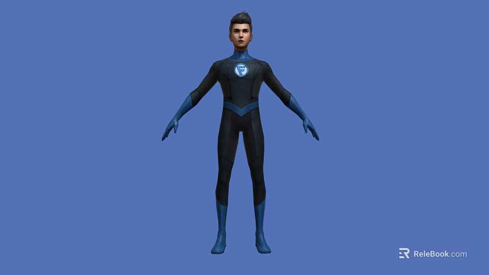 A Man Wearing Black And Blue Bodysuit With White F Chest Logo On Blue Background 3d model 