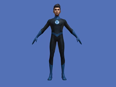 A Man Wearing Black And Blue Bodysuit With White F Chest Logo On Blue Background 3d model