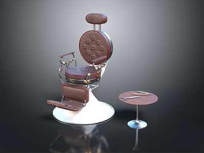 Vintage Brown Leather Barber Chair With Metal Frame And Small Table Holding Barber Tools 3d model
