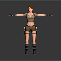 Woman In Brown Top And Shorts With Utility Belt And Boots Arms Outstretched