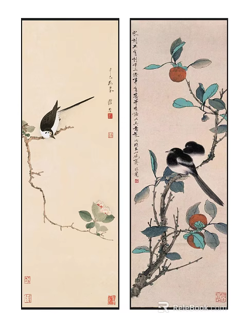 Traditional Chinese Flower and Bird Painting with Branches Fruits and Leaves 3d model 