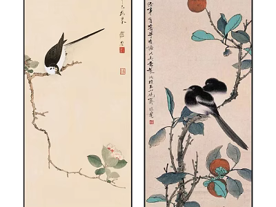 Traditional Chinese Flower and Bird Painting with Branches Fruits and Leaves 3d model