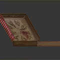 Pizza In Open Wooden Box With Red And White Checkered Trim And Grease Stains