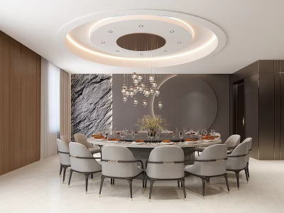 Elegant Private Dining Room Featuring Round Table Gray Chairs Circular Light Ceiling And Stone Backdrop 3d model